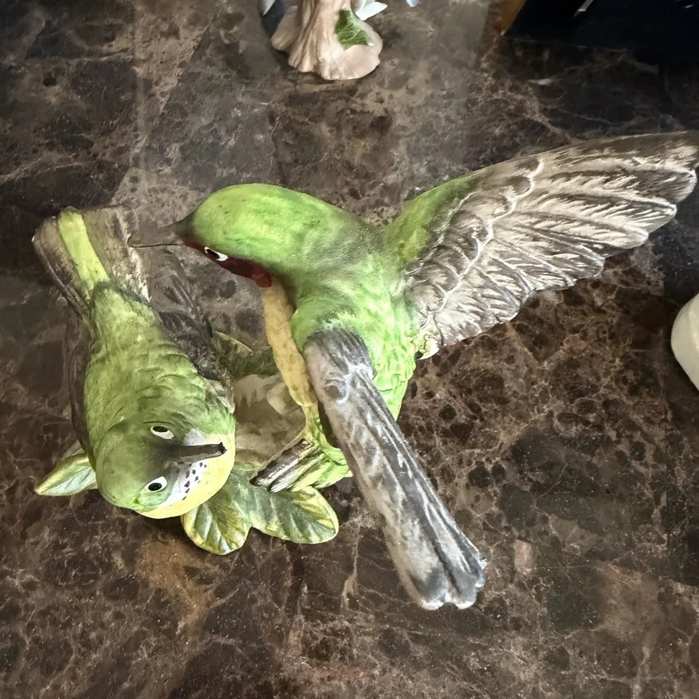 Green Ceramic Hummingbird Figurine Pair - Decorative Bird Statues